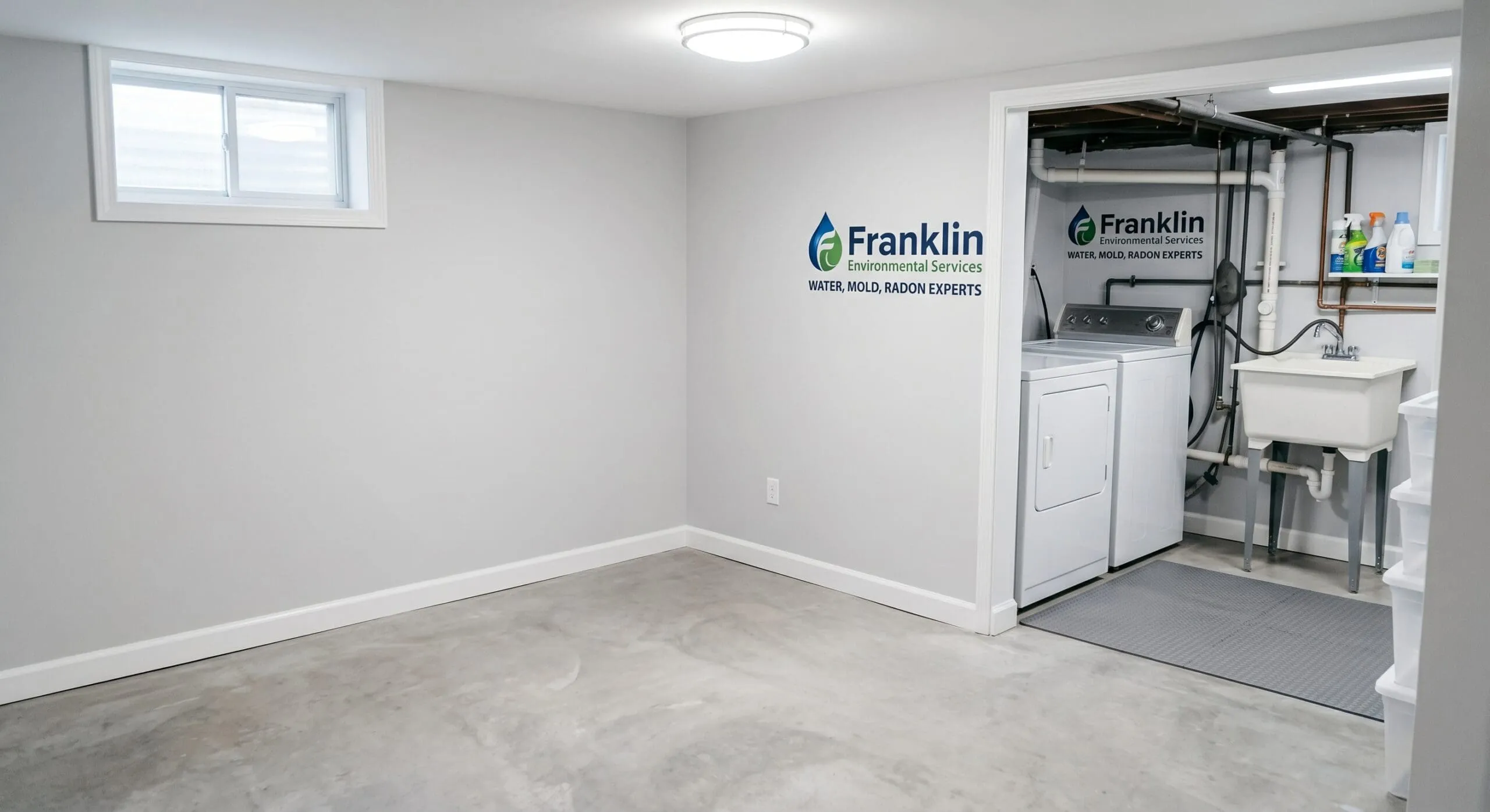 Basement after remediation, with a moisture-resistant finish and sealed floors