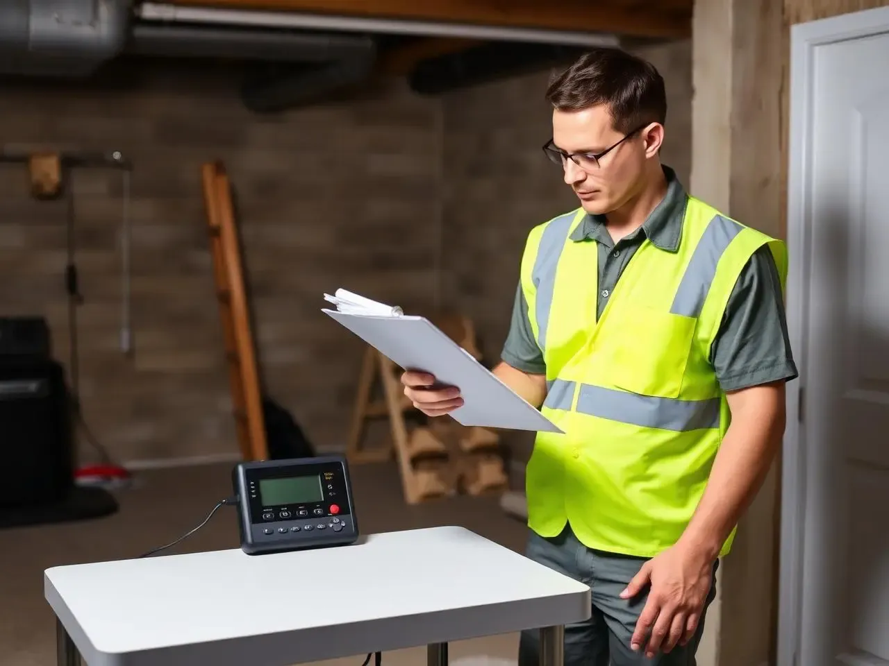 Franklin Environmental Services technician reviewing inspection data in a basement