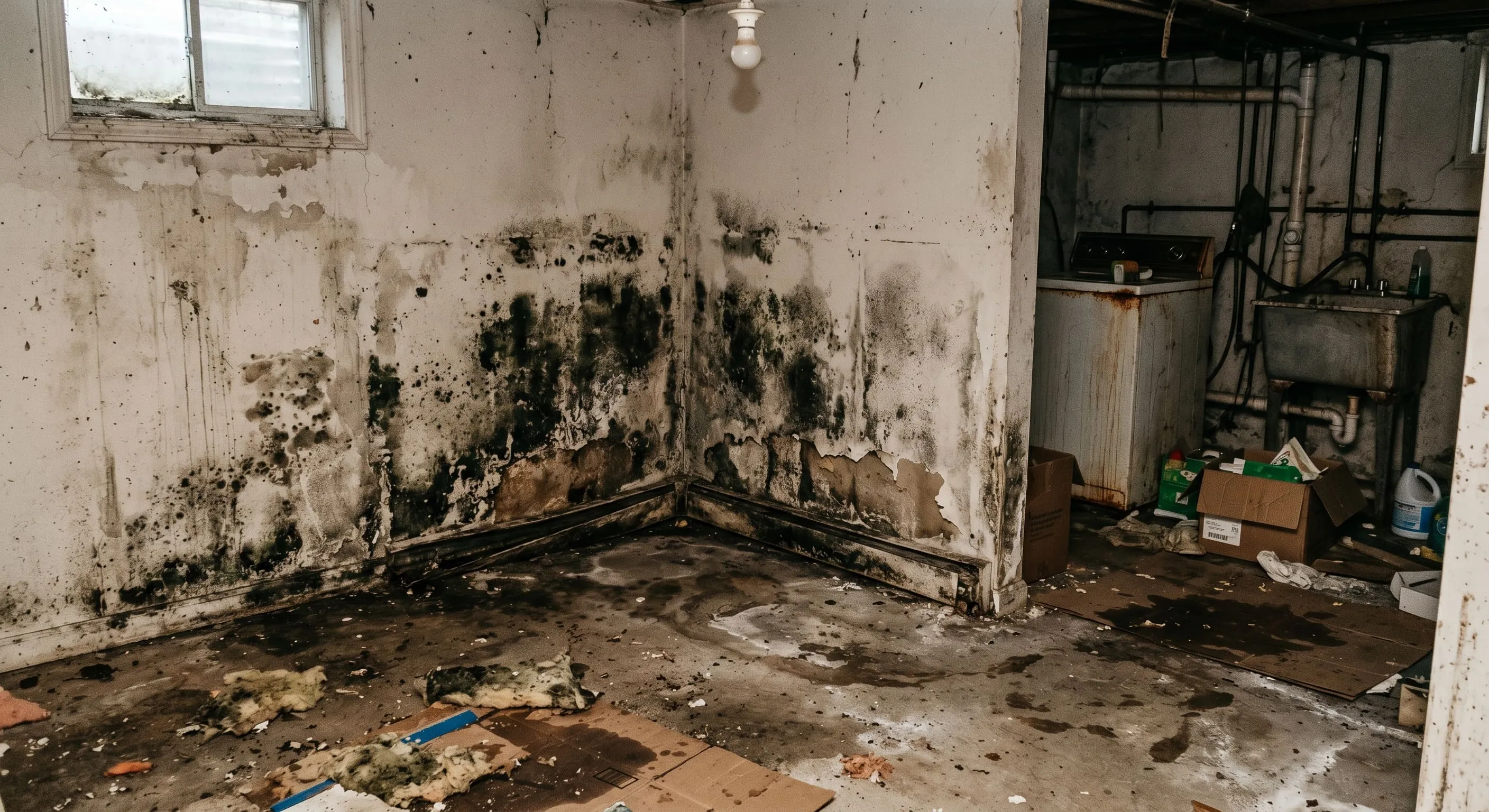 Basement before remediation, with water damage and mold
