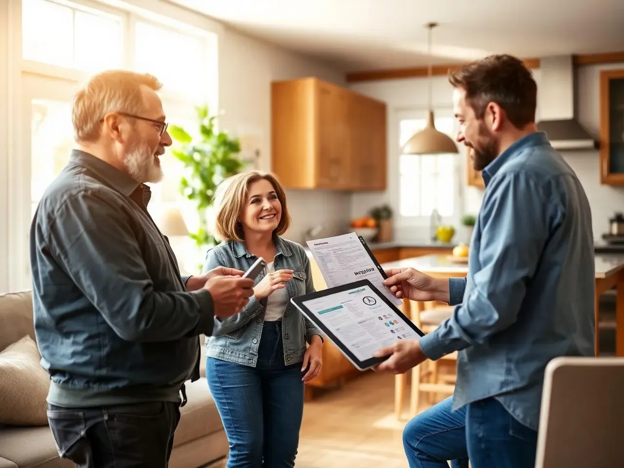 A Franklin Environmental Services technician shows inspection results on a tablet and printed report to a homeowner couple in a sunlit kitchen