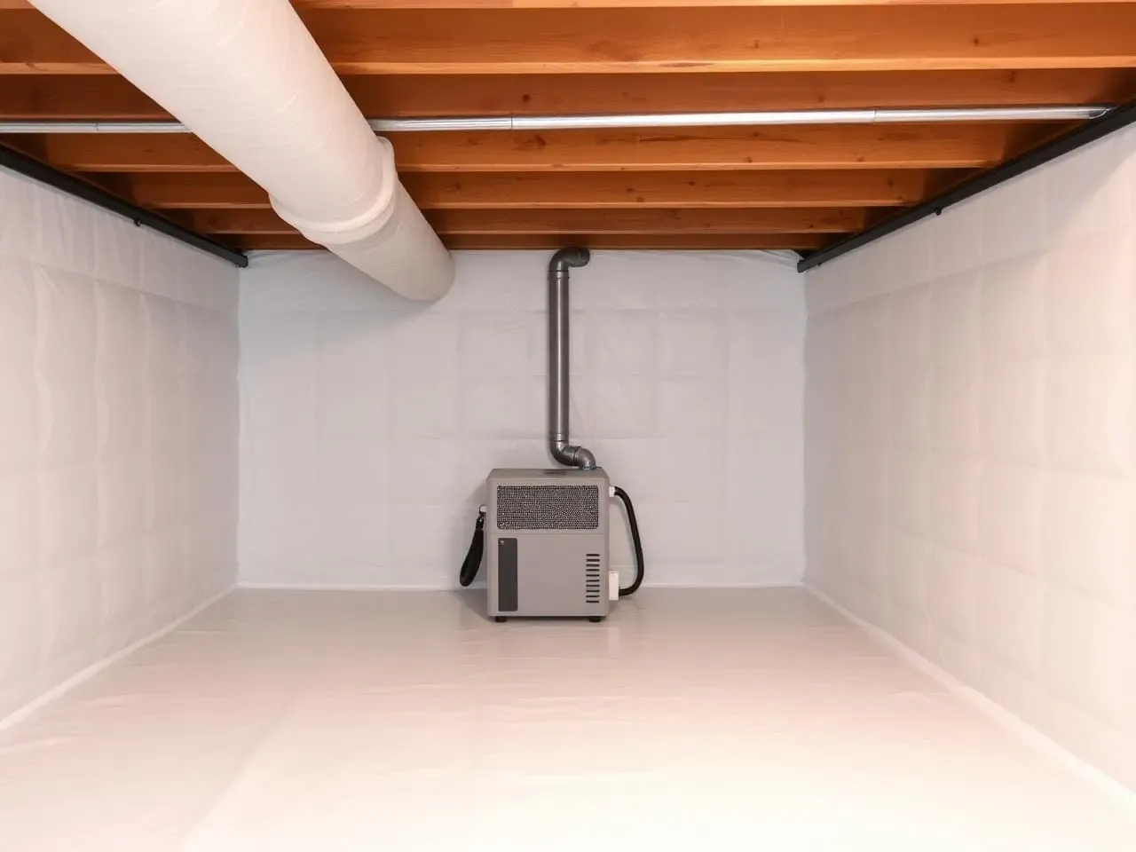 Encapsulated crawlspace with white vapor barrier and a dehumidifier