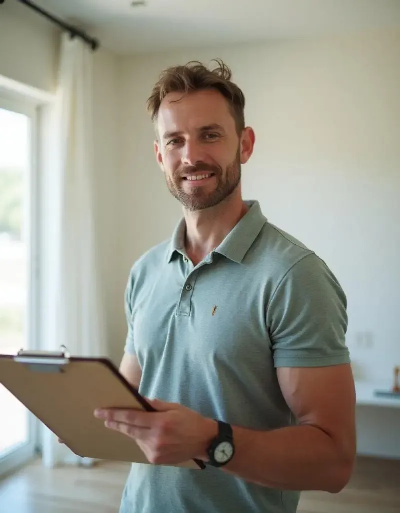 A smiling environmental inspector in a sage green polo holds a clipboard during a home inspection