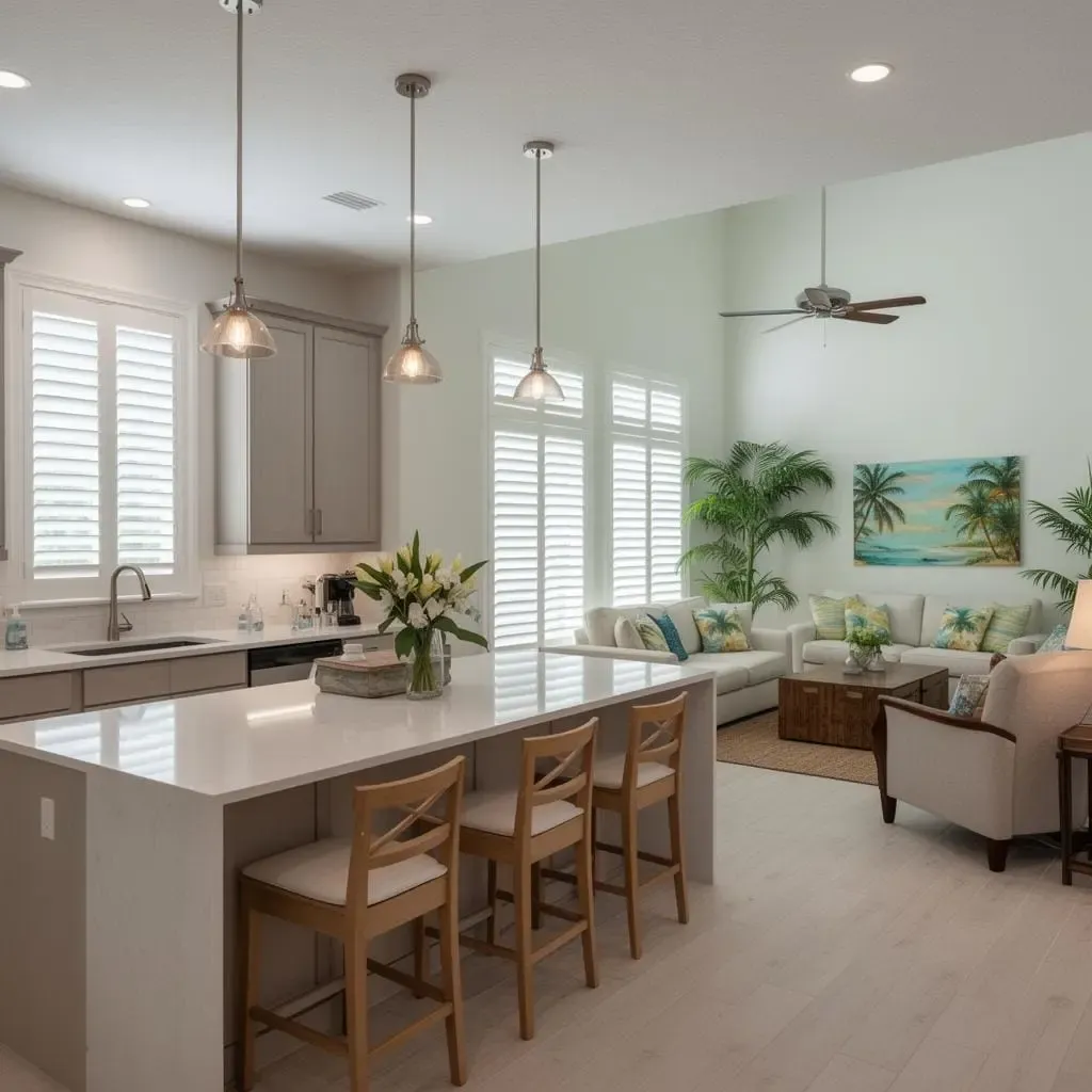 A bright open-concept kitchen and living room with a white island and wood stools