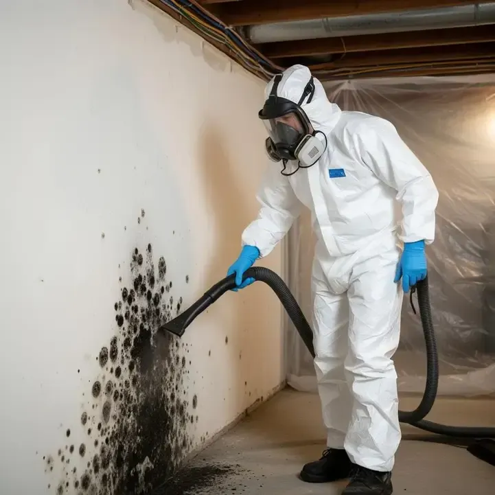 A mold remediation technician in a white Tyvek suit treating growth in a basement