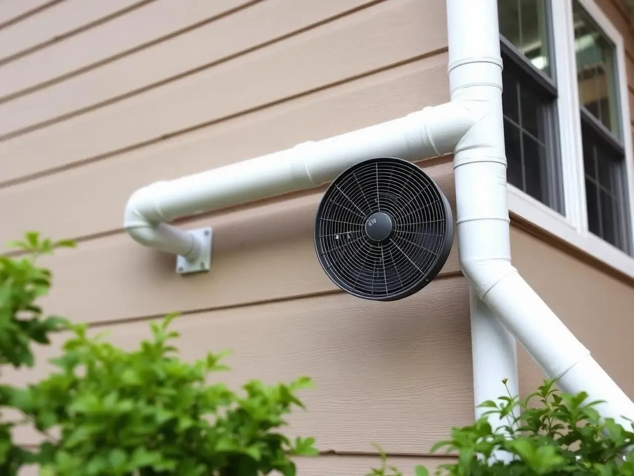 Exterior radon mitigation fan and PVC vent pipe on a home